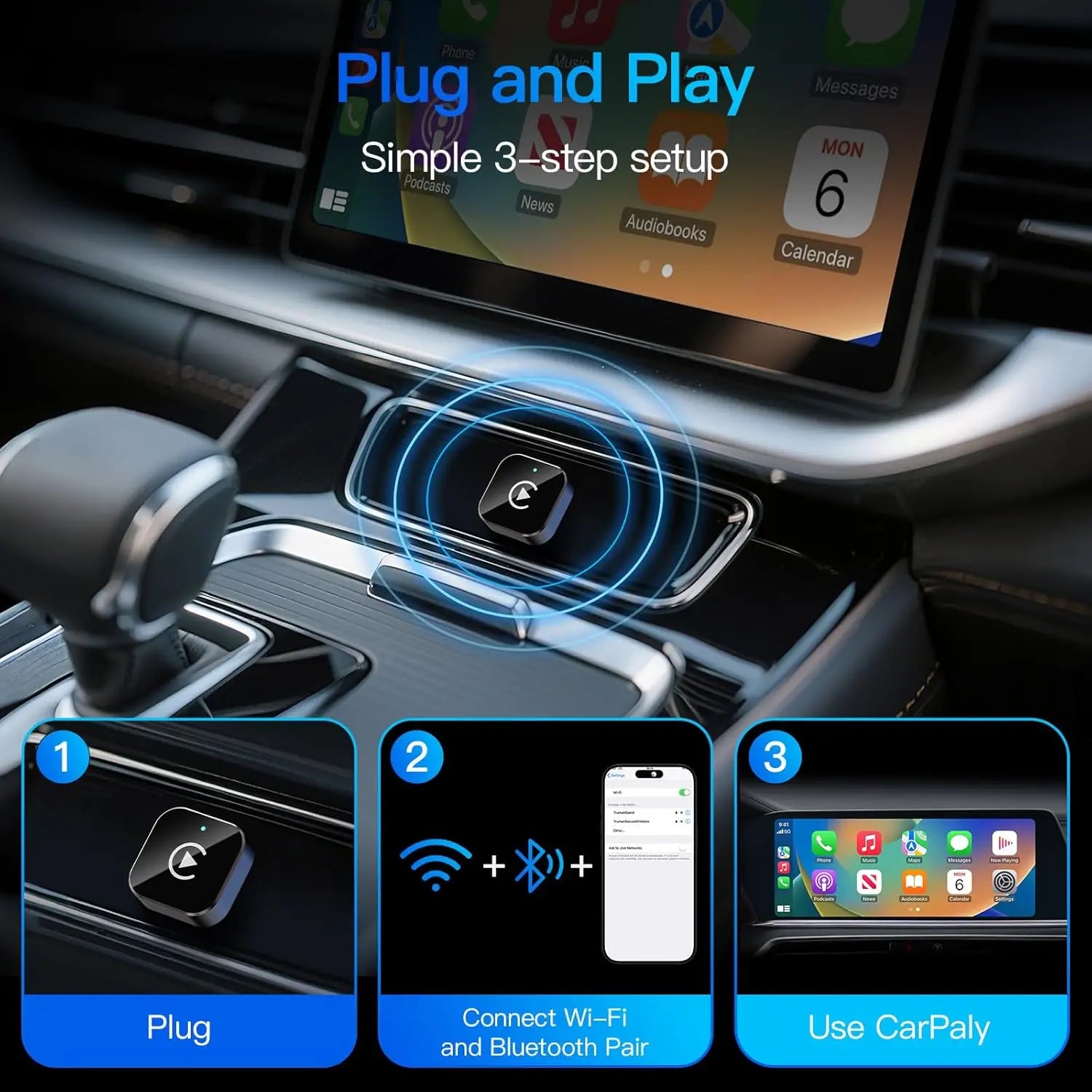 Three-step setup guide for the wireless CarPlay adapter: plug into the car's USB port, connect Wi-Fi and Bluetooth pairing, then use CarPlay on the touchscreen.