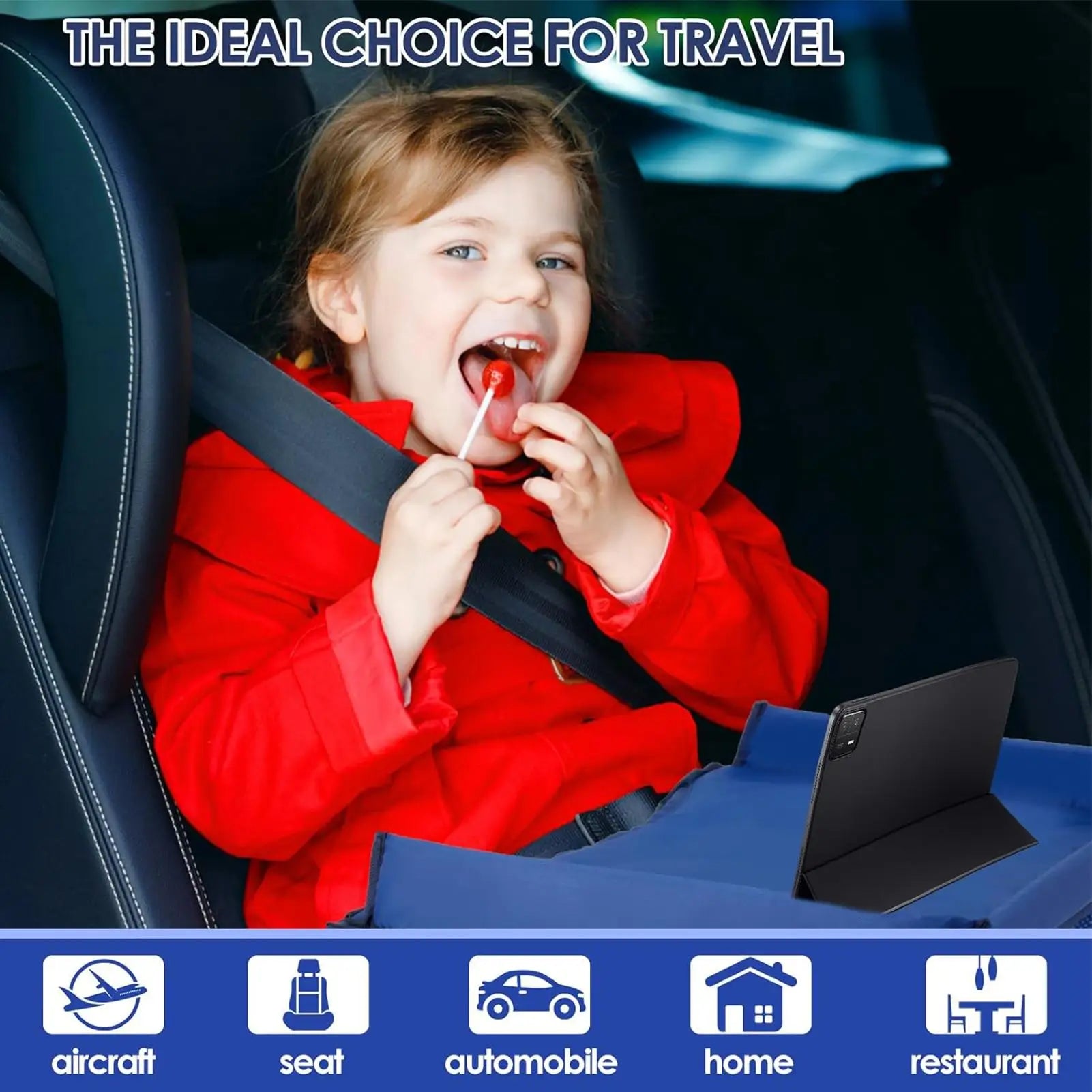 Toddler using kids travel tray with tablet holder in a car seat, ideal for aircraft, car, home and restaurant use