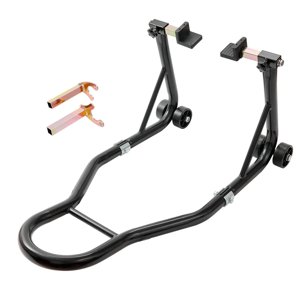 Heavy-Duty Paddock Stand in black with rear wheel forks and fitting adapters on a white background