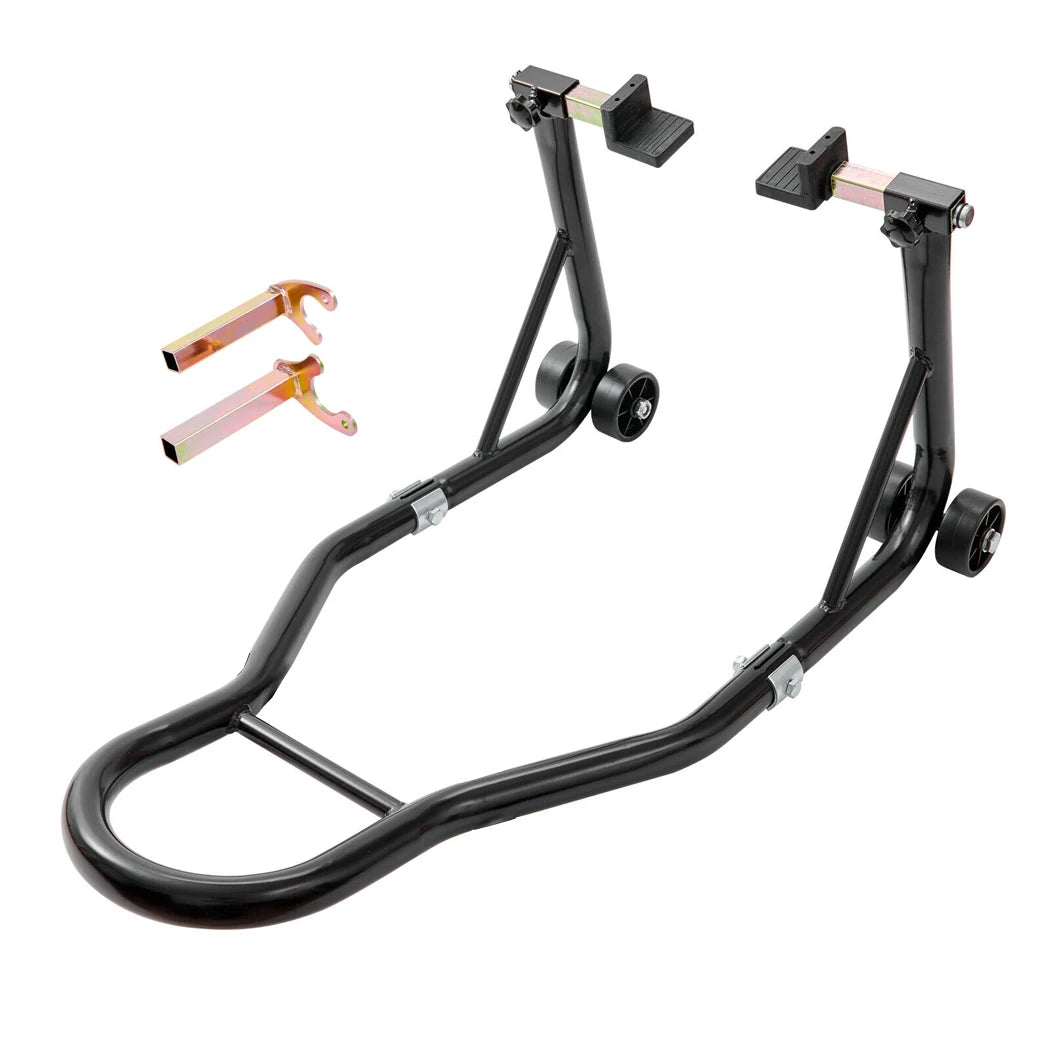 Heavy-Duty Paddock Stand in black with rear wheel forks and fitting adapters on a white background