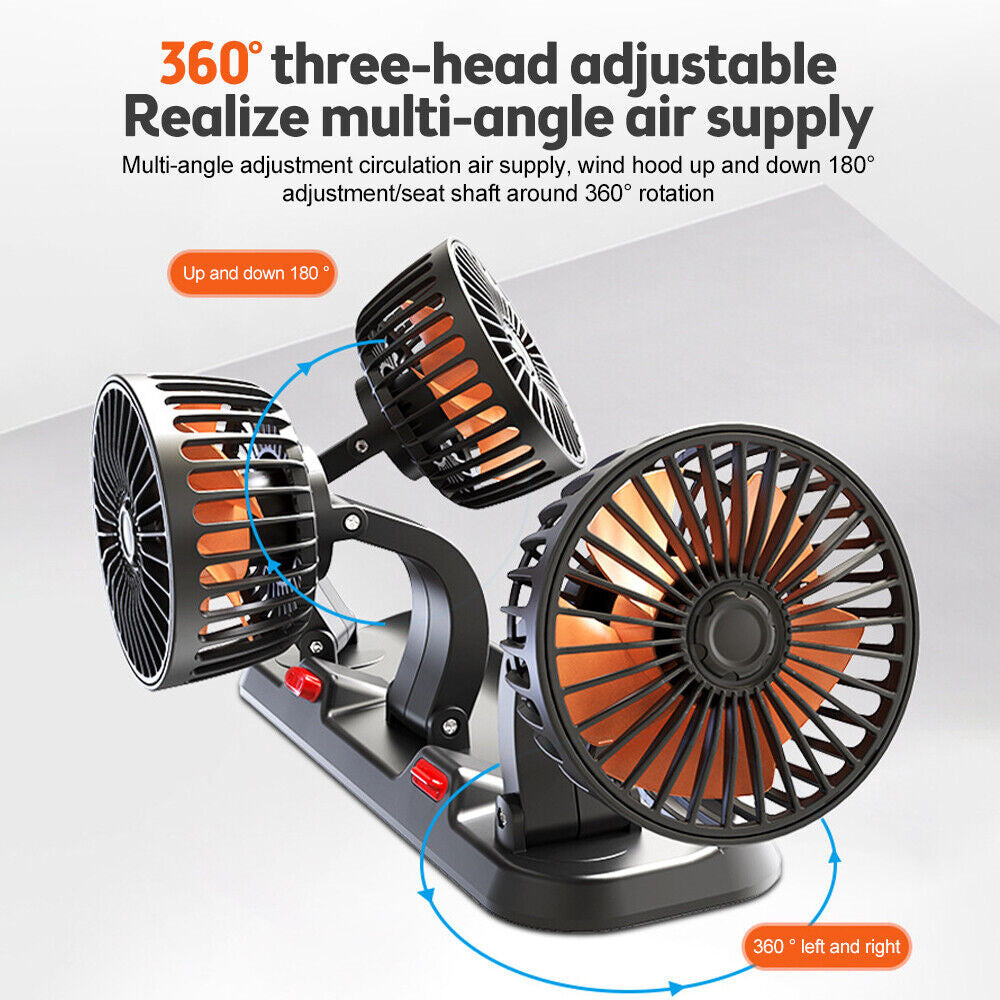 Triple-Head Dashboard Car Fan with 180 degree tilting heads and 360 degree rotating base for multi-angle airflow