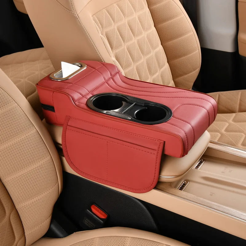 Multi-Function Car Armrest Organiser in red leather, fitted onto a car centre console with cup holders