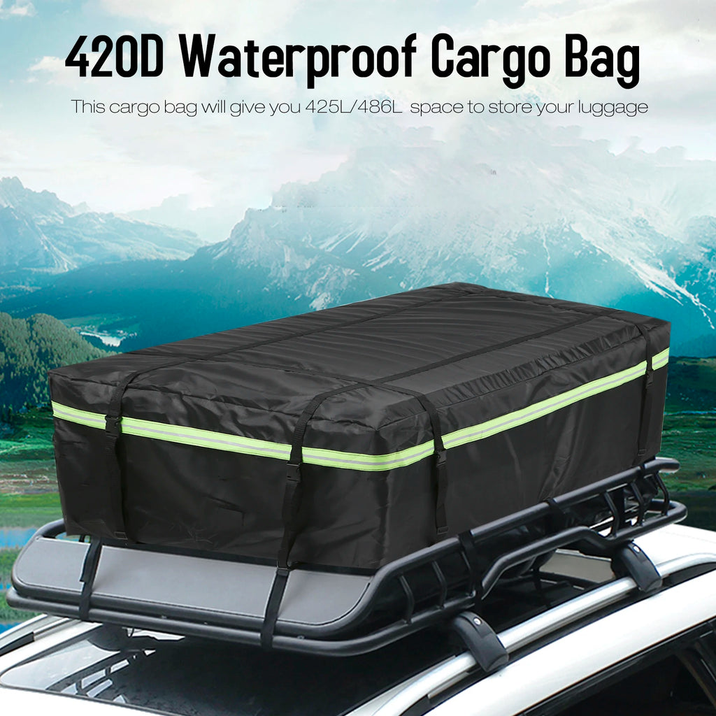 Black 420D waterproof roof cargo bag secured to a car roof rack against a snow-capped mountain backdrop