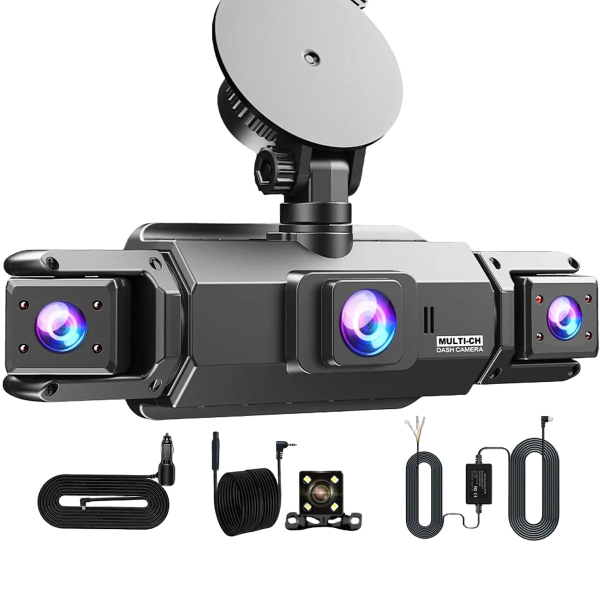 Quad-Lens Dash Cam with windscreen mount, car charger, external rear camera and 24-hour parking hardwire kit accessories