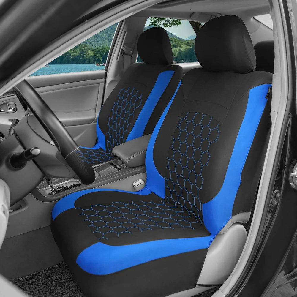 Blue Football Embroidery Seat Covers fitted to a car's front seat