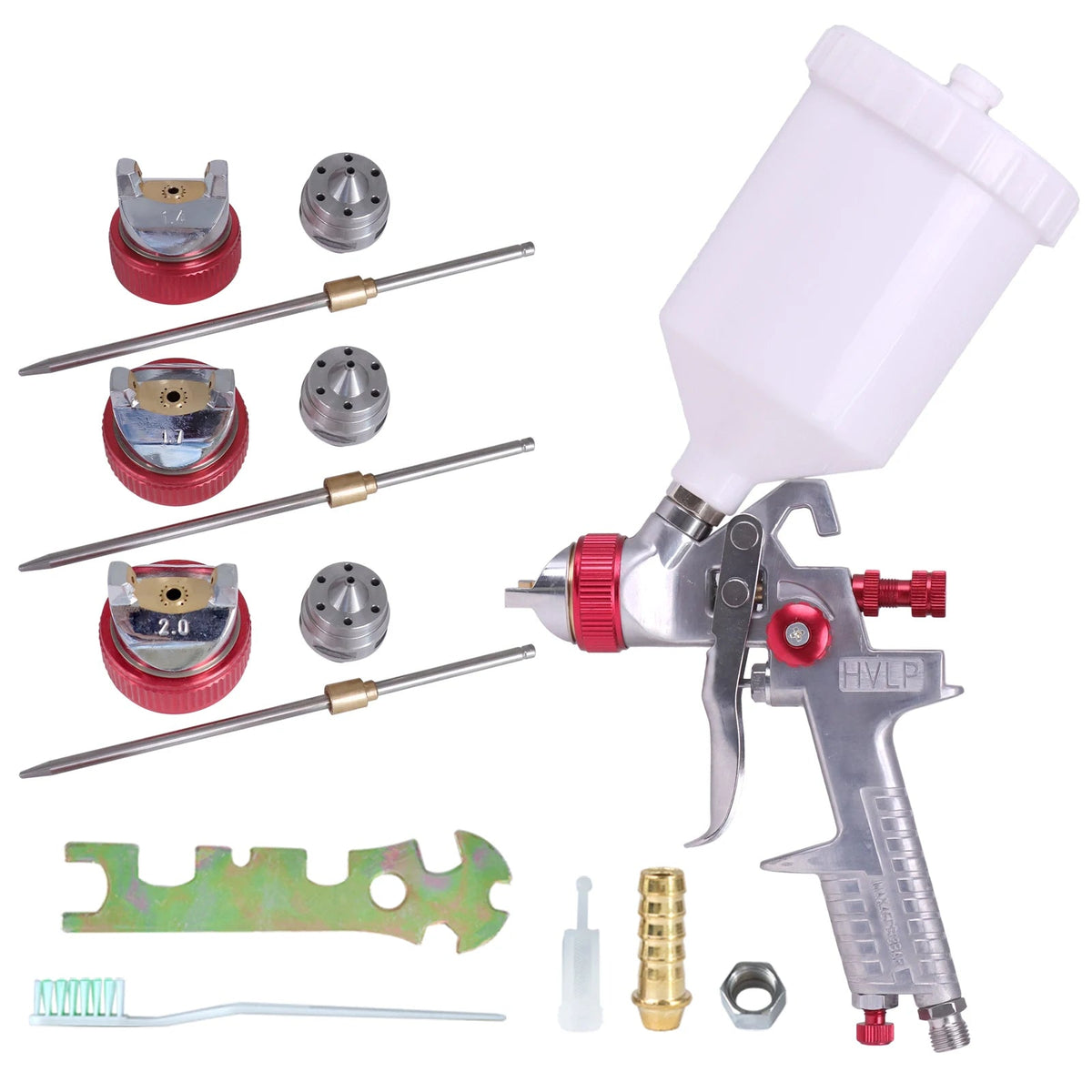 HVLP Airbrush Spray Gun kit with paint cup, three interchangeable nozzle sizes, spanner and cleaning brush