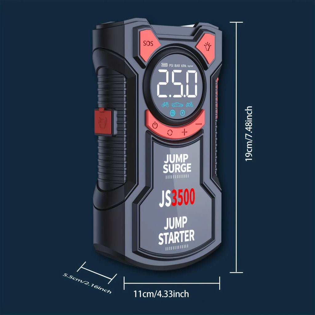 Pro Jump Starter Compressor dimensions diagram: 19 cm tall, 11 cm wide and 5.5 cm deep