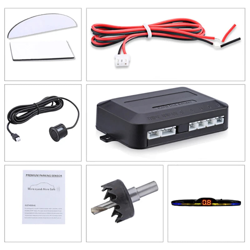 Flat lay of included parts for the LED Parking Sensor Kit: adhesive pad, wiring harness, sensor, control box, instruction manual, hole saw drill bit and digital display