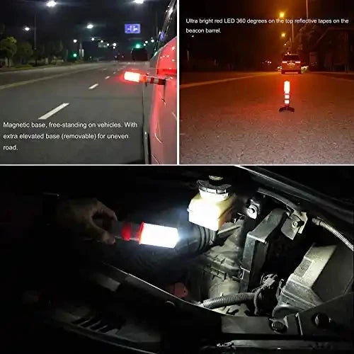 Magnetic LED Warning Beacon mounted on a vehicle at night beside a sports car's tail lights