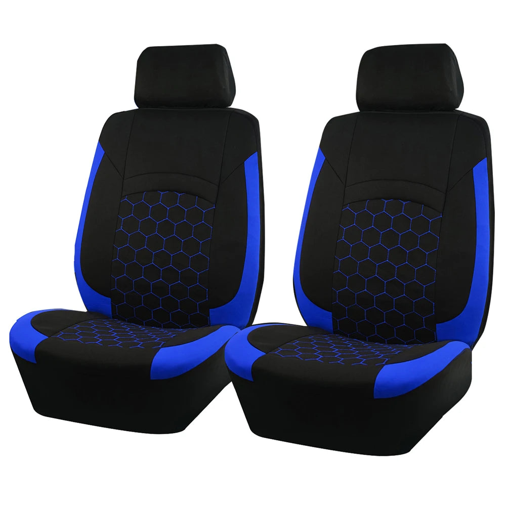 Blue and black Football Embroidery Seat Covers for a pair of front seats shown from a side angle on a white background