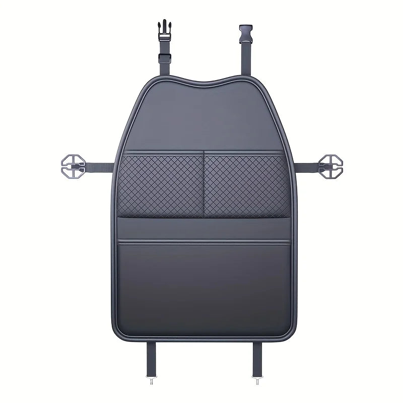 Black kick-proof car seat back organiser with mesh pockets and adjustable straps on a white background