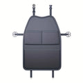 Black kick-proof car seat back organiser with mesh pockets and adjustable straps on a white background
