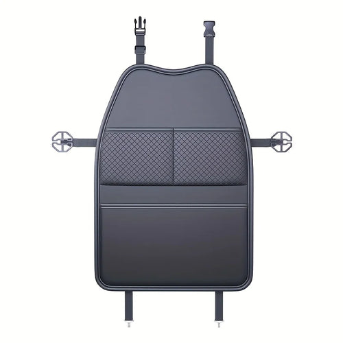 Black kick-proof car seat back organiser with mesh pockets and adjustable straps on a white background