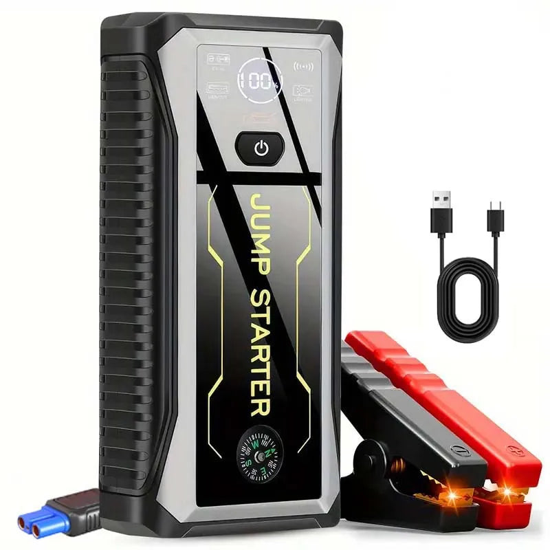 Rescue Jump Starter & Power Bank in black and silver with LCD display, compass, red and black battery clamps and USB charging cable