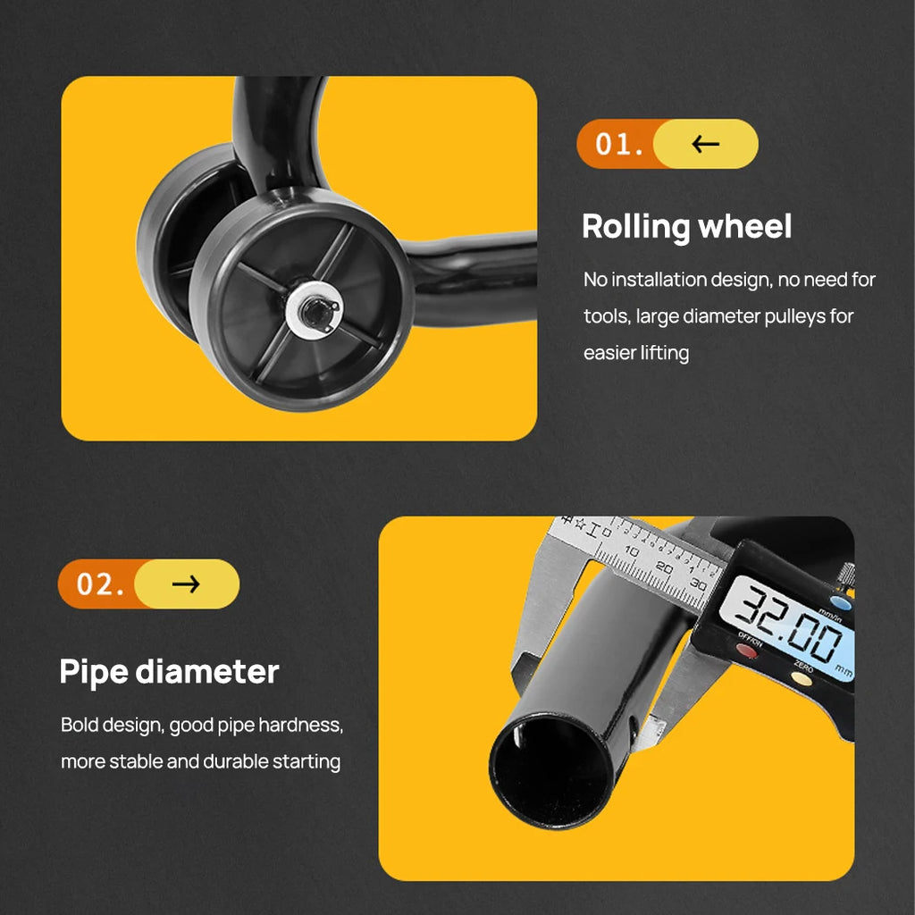Close-up of the Heavy-Duty Paddock Stand's rolling wheel and 32mm diameter steel tubing measured with a caliper