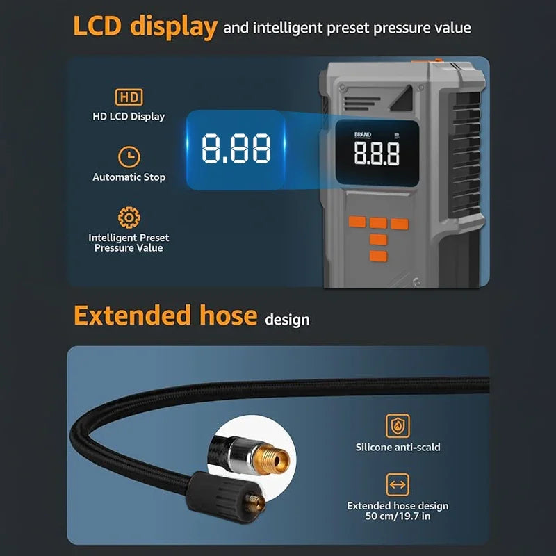 Heavy-Duty Car Jump Starter LCD display and intelligent preset pressure value with extended silicone anti-scald hose