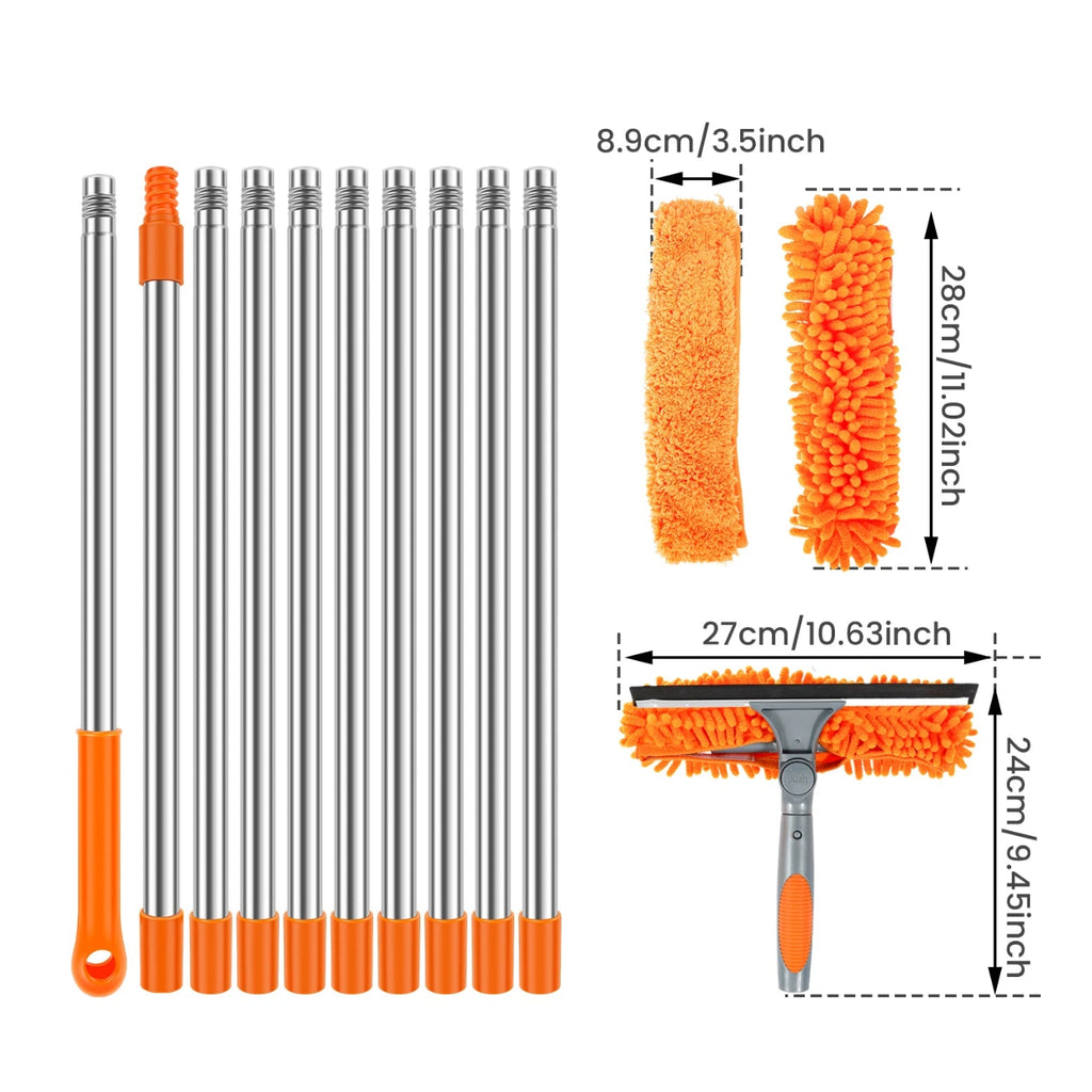 Telescopic Window Squeegee microfibre pad, chenille pad and squeegee head dimension diagram