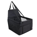 Black Hanging Pet Car Seat with adjustable headrest straps, mesh side window and front storage pocket on a white background
