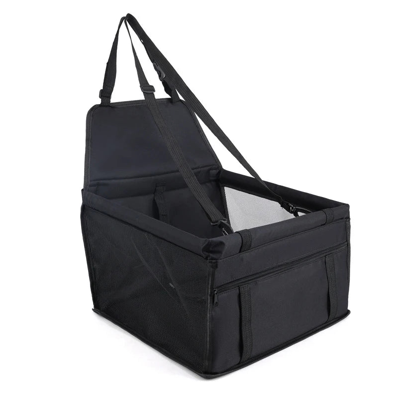Black Hanging Pet Car Seat with adjustable headrest straps, mesh side window and front storage pocket on a white background