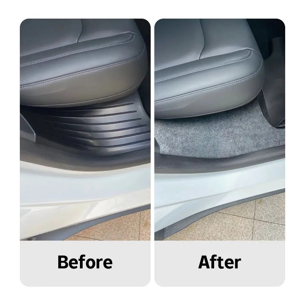 Before and after of a car door sill area lined with grey self-adhesive felt lining