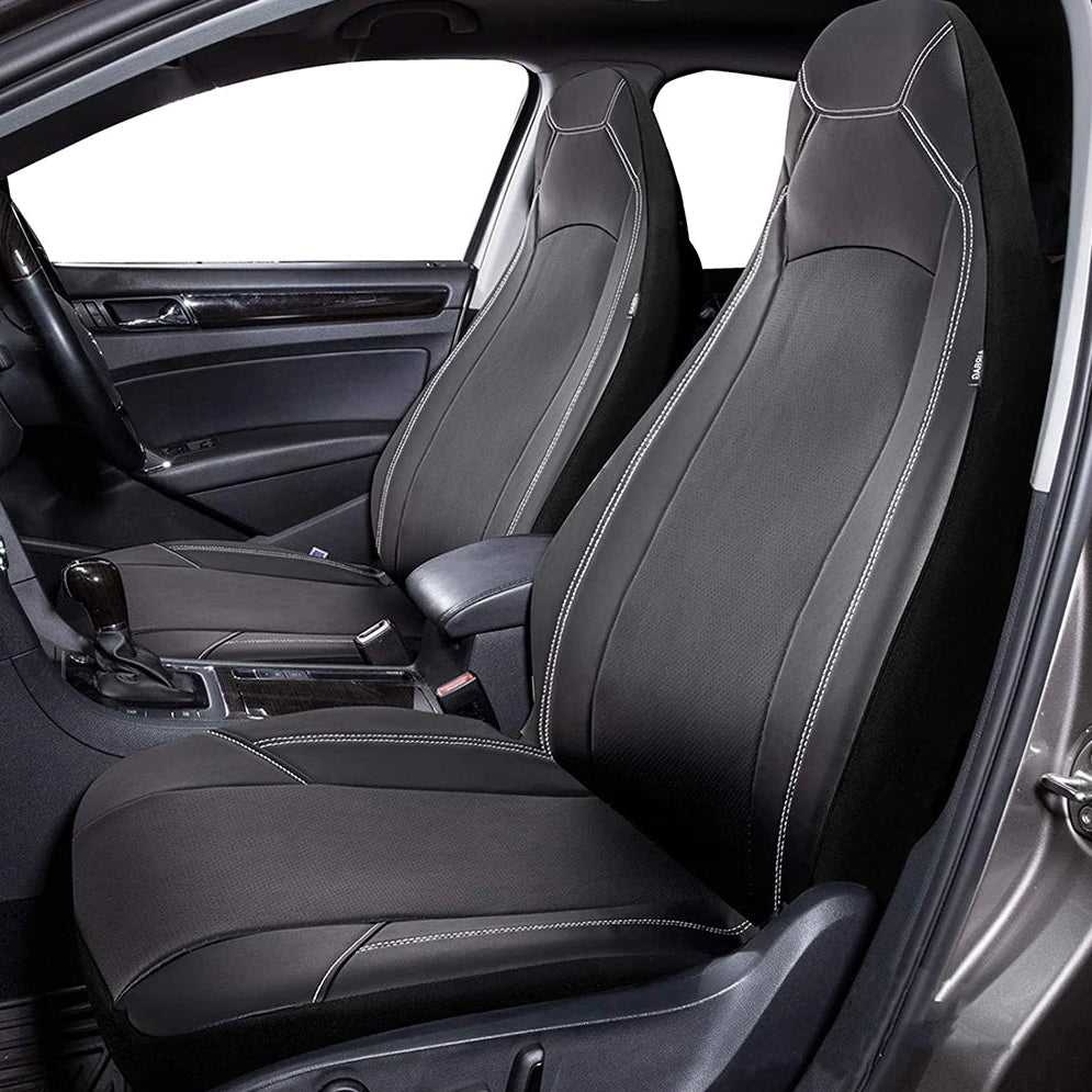 Leather Bucket Seat Covers installed on black leather front bucket seats inside vehicle cabin