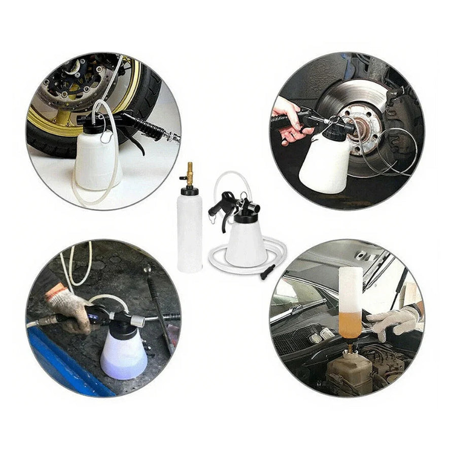 Vacuum Brake Bleeder in use on a motorcycle wheel, car brake disc, and under a car bonnet for brake fluid bleeding