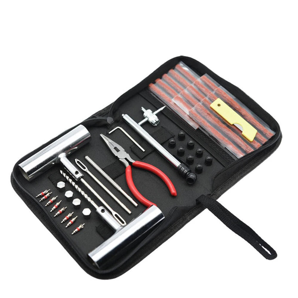 45-piece Car Tyre Repair Tool kit including plug strips, T-handle tools and pliers in a zip case