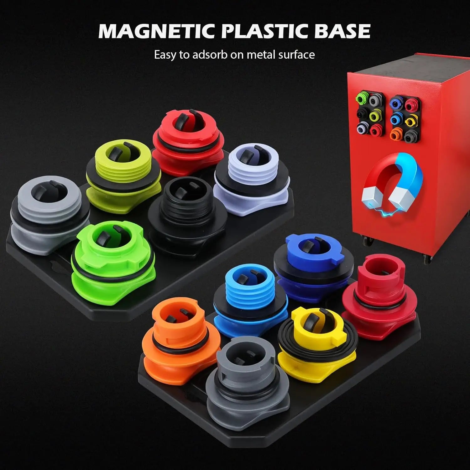 Magnetic plastic base feature of the oil funnel adapter tray shown adsorbing onto a metal surface