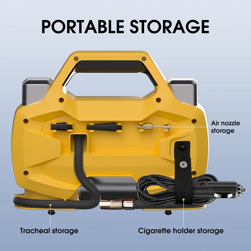 Rear view of Dual Cylinder Tyre Inflator showing built-in air nozzle, hose and cigarette lighter plug storage
