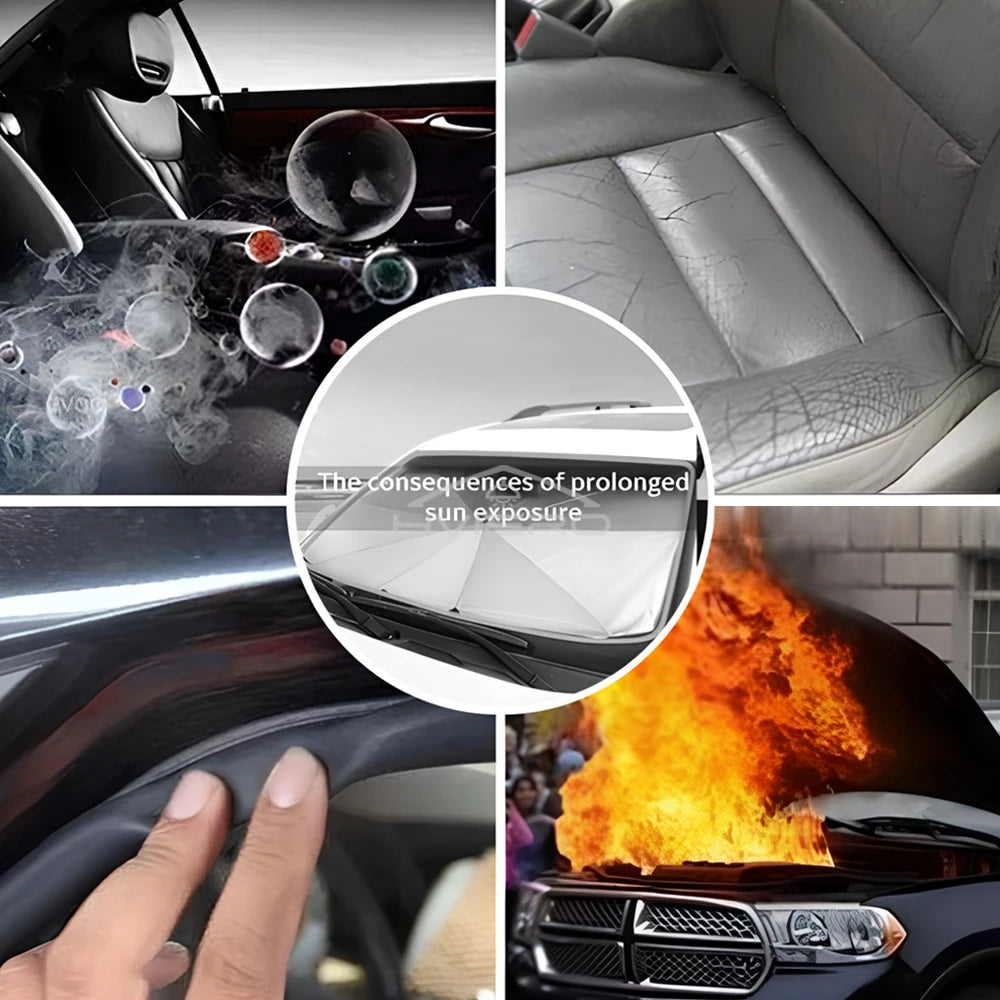 Foldable Windscreen Sun Umbrella collage illustrating sun damage risks avoided, cracked dashboard, cracked leather seats, melted trim and a vehicle engine fire