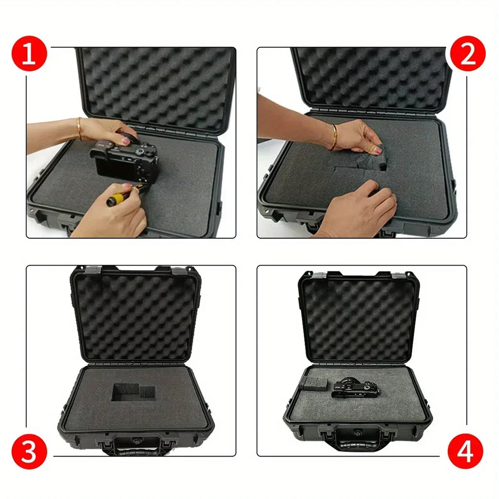 Four-step sequence of hands fitting camera gear into the All-Weather Storage Case's customisable foam