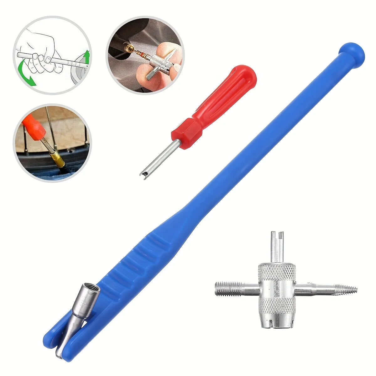 Tyre valve tool kit in use removing a valve core and installing a valve stem on a wheel rim
