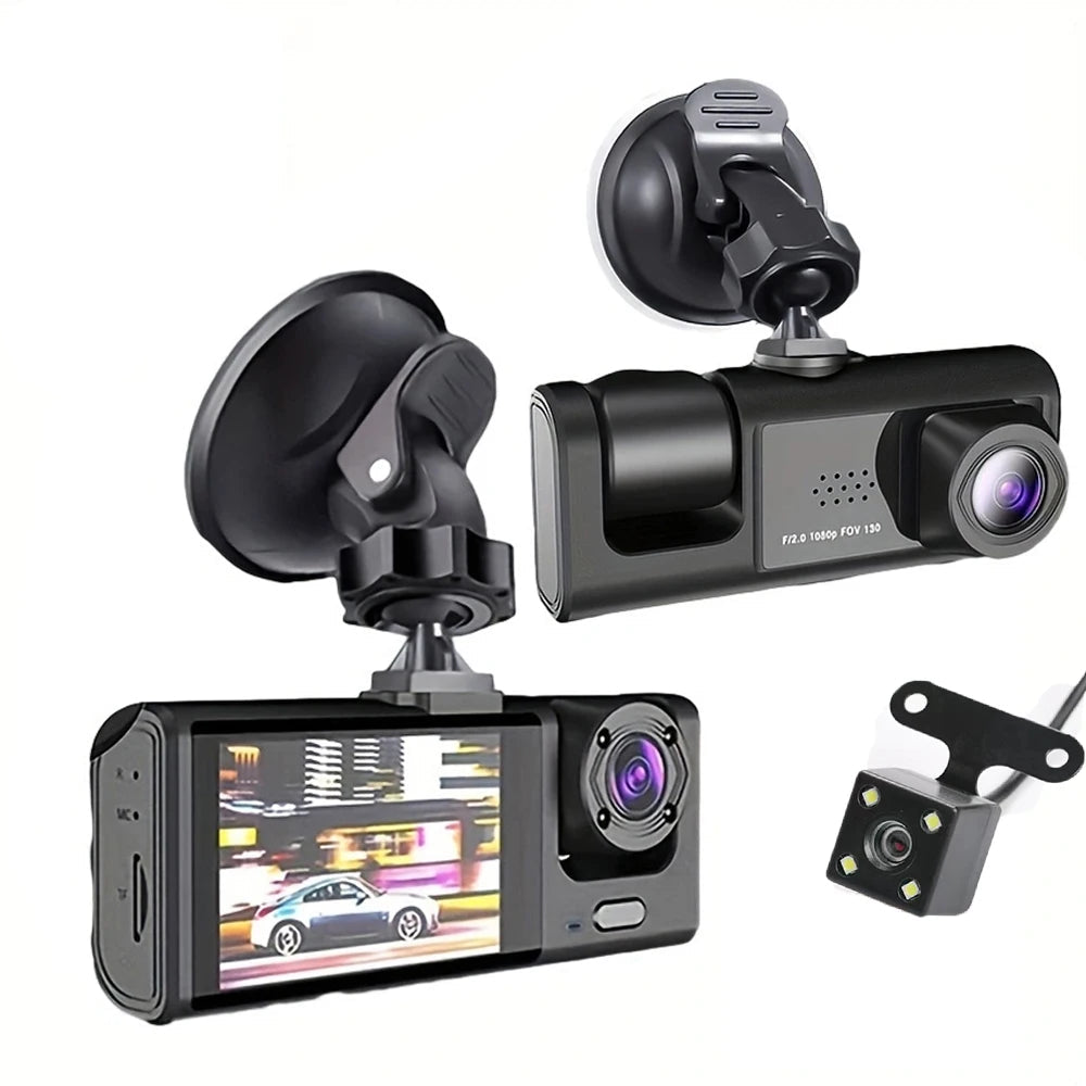 3-Camera Dash Cam kit with main recorder unit, front camera and rear camera on white background