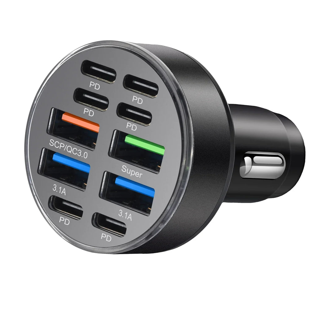10-Port Fast Car Charger close-up of USB-C PD and USB-A fast charge ports on a white background