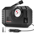 Mini Tyre Inflator portable air compressor with pressure gauge, power cord and air nozzle accessories on a white background.