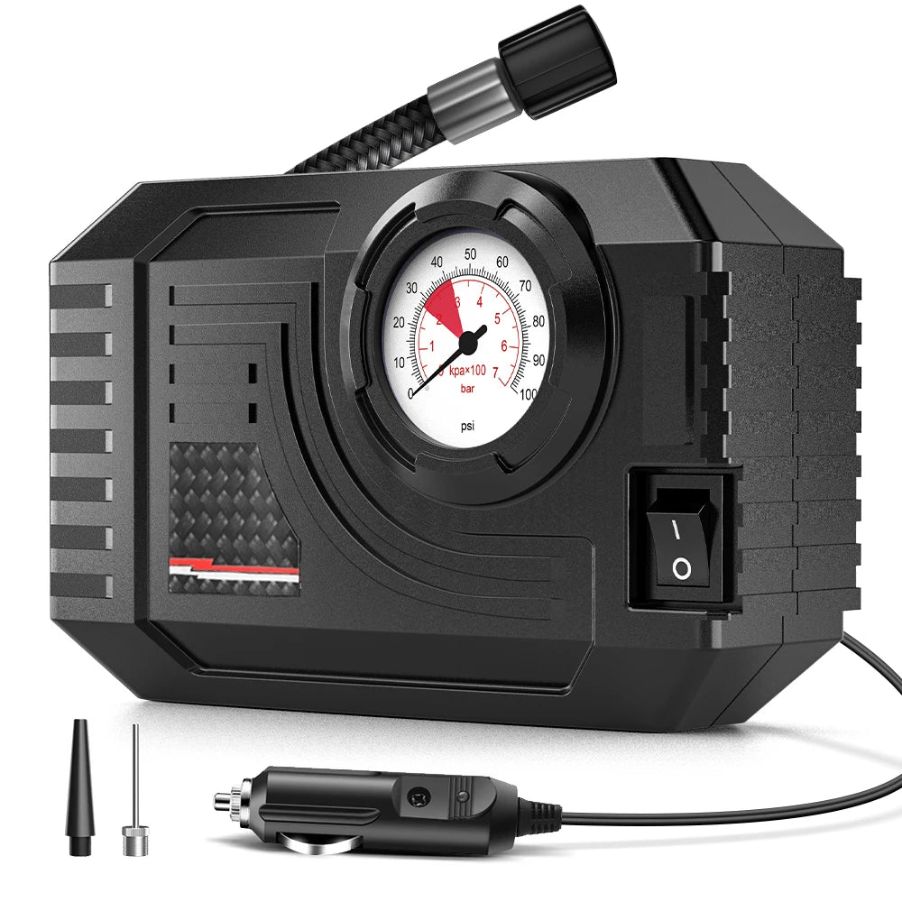Mini Tyre Inflator portable air compressor with pressure gauge, power cord and air nozzle accessories on a white background.
