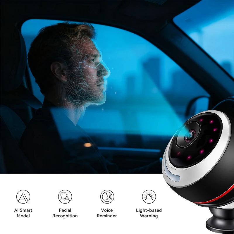 Driver Fatigue Monitor mounted on windscreen using facial recognition to scan driver at night