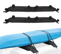Pair of Soft Roof Rack Pads on a white background above a blue kayak strapped to a car roof