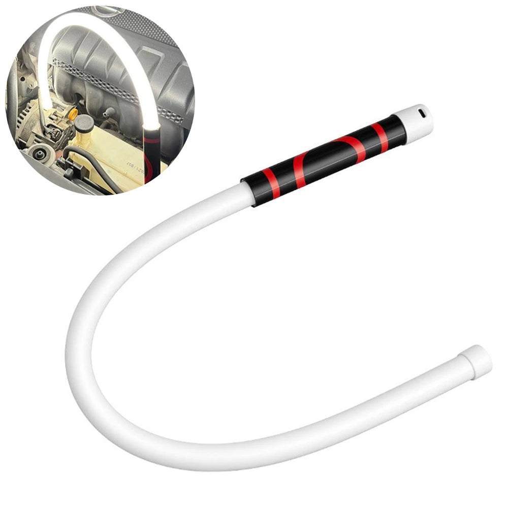 Flexible LED Work Light silicone strip glowing in dark engine bay close-up