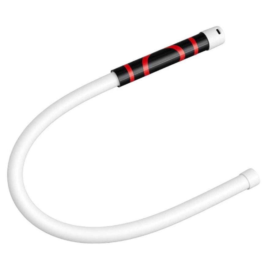 A flexible white inspection light with a black and red grip handle, shown on a white background with a circular inset demonstrating its use inside a vehicle.