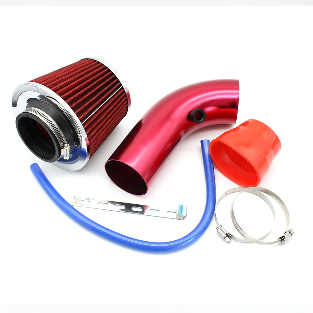 Red anodised cold air intake kit with cone air filter, intake pipe, orange coupler and hose clamps on a white background