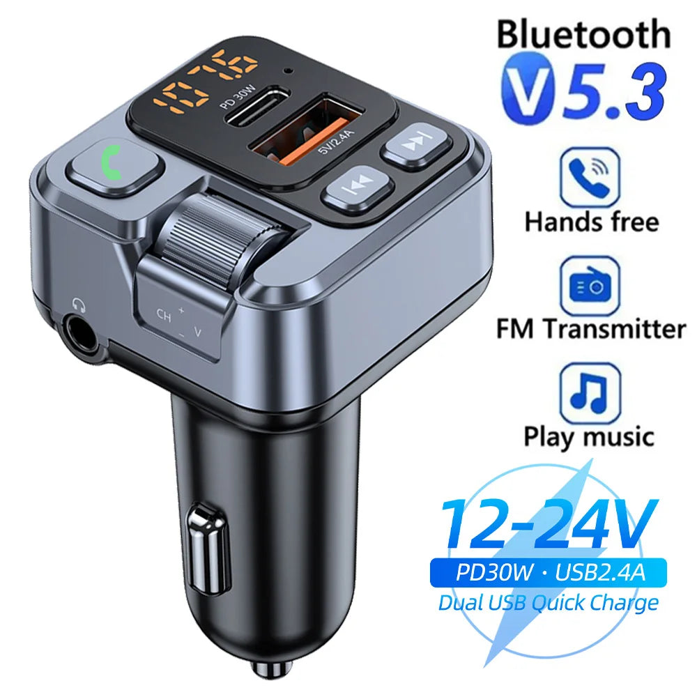 Fast-Charge Bluetooth FM Transmitter with Bluetooth 5.3 hands-free calling, FM music playback and 30W PD plus 2.4A USB charging for 12–24V vehicles