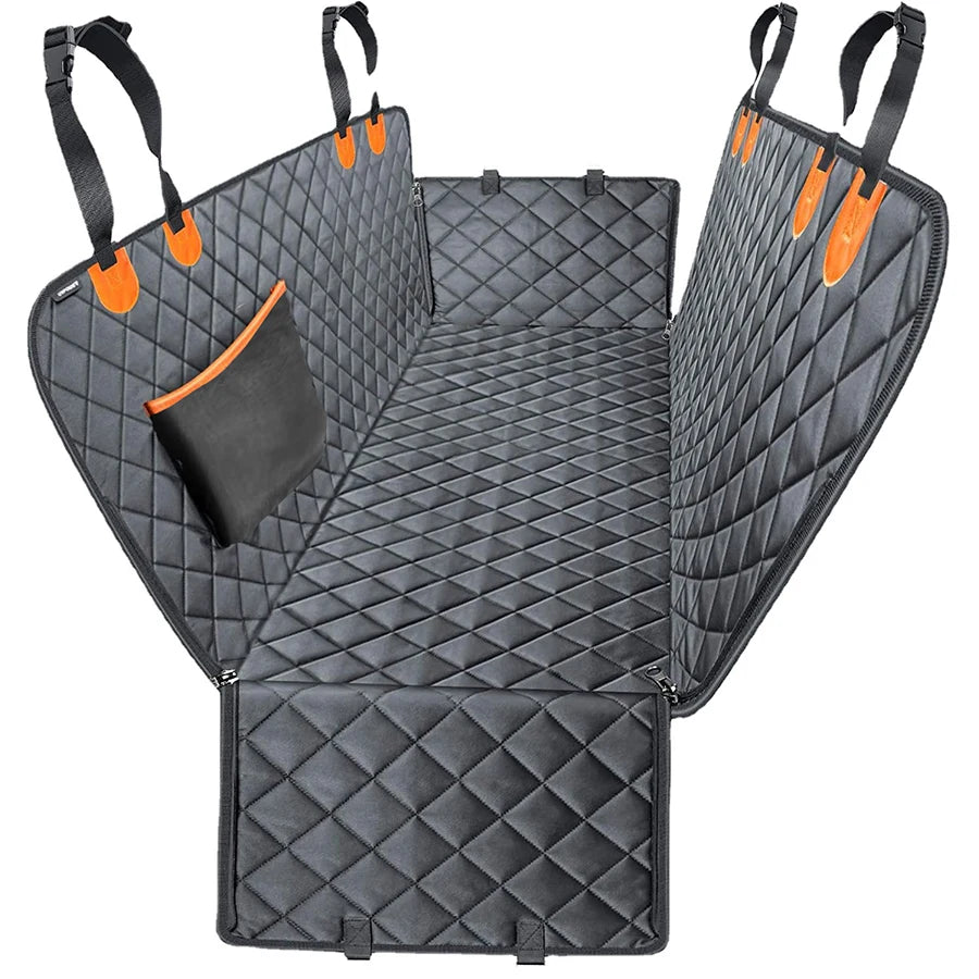 Convertible Dog Seat Hammock in black diamond-quilted fabric with orange headrest straps, side flaps and storage pocket on a white background