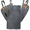Convertible Dog Seat Hammock in black diamond-quilted fabric with orange headrest straps, side flaps and storage pocket on a white background