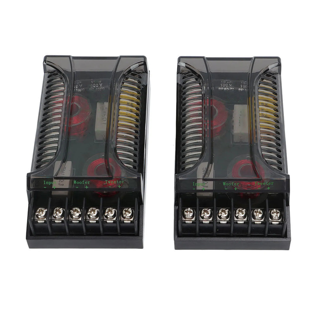 Pair of 2-Way Speaker Crossovers with visible woofer and tweeter coils and terminal blocks