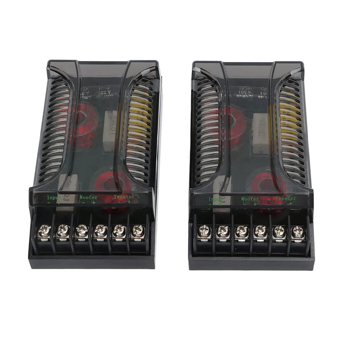 Pair of 2-Way Speaker Crossovers with visible woofer and tweeter coils and terminal blocks
