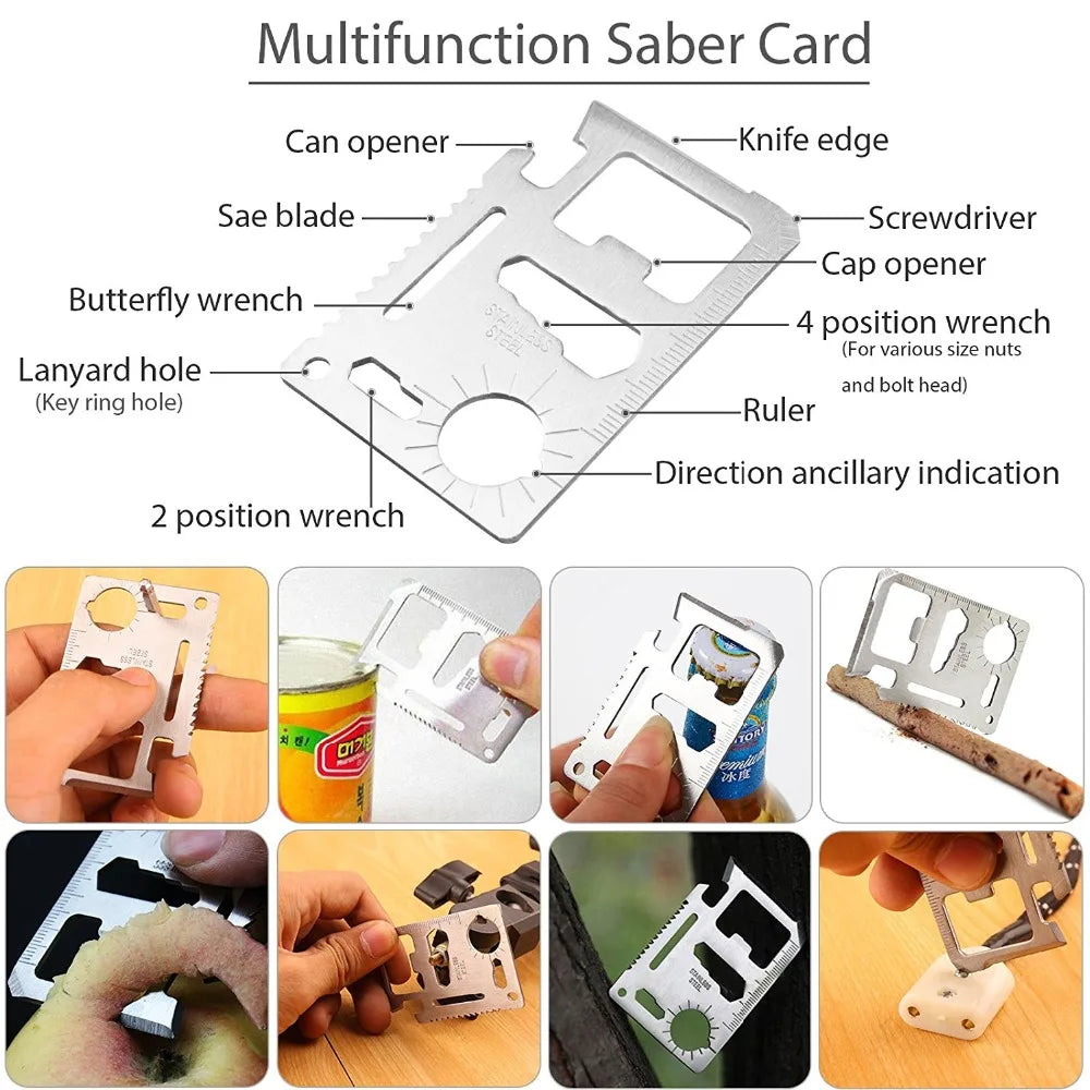 Vehicle Survival Tool Kit stainless steel multi-tool card with can opener, knife edge, screwdriver, wrenches and ruler, shown in use