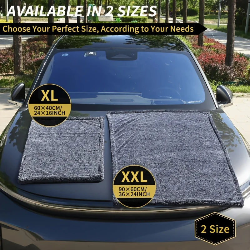XL and XXL Microfiber Drying Towel size comparison laid on a car bonnet, showing 60x40cm and 90x60cm dimensions