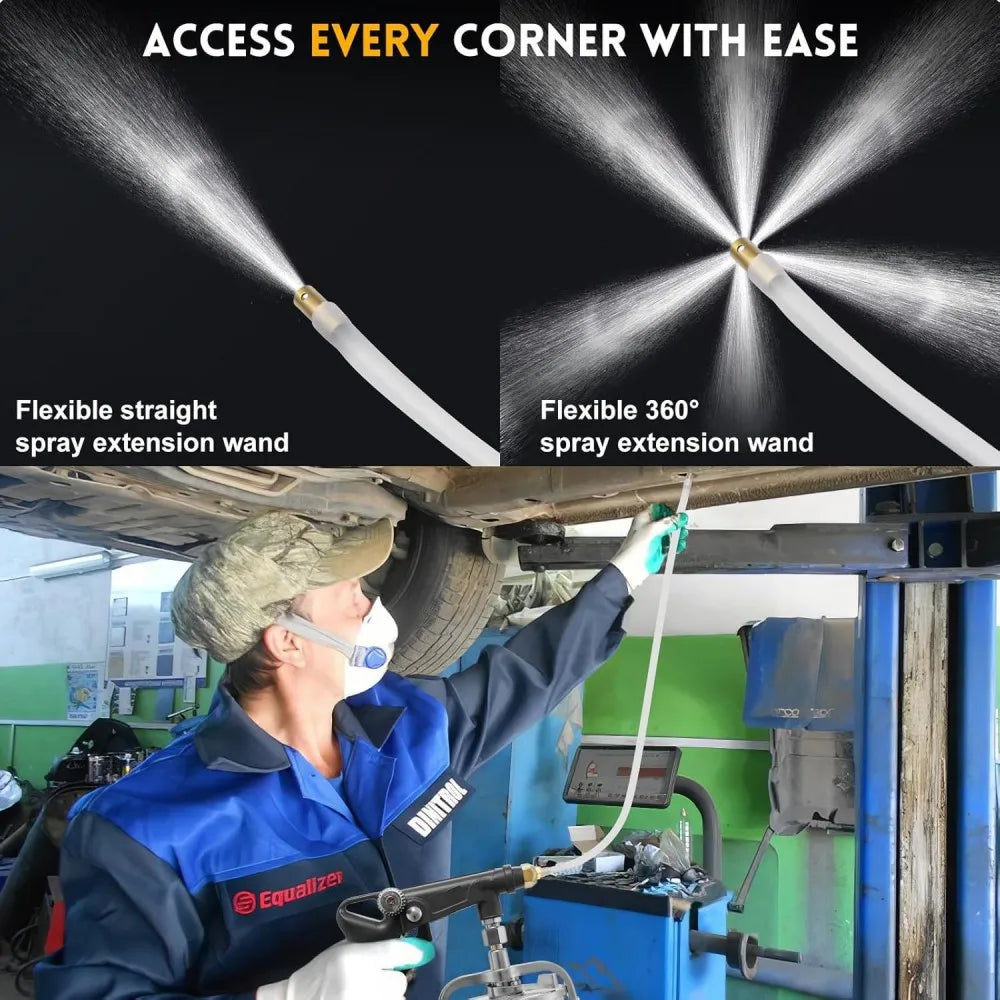 Mechanic wearing a respirator spraying rust-proofing coating under a raised vehicle using the Chassis Armor Spray Gun's flexible 360 degree extension wand