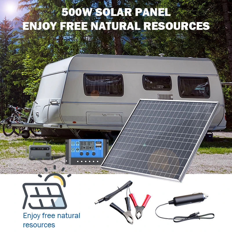 500W portable solar panel set up beside a caravan in a forest campsite for off-grid RV power